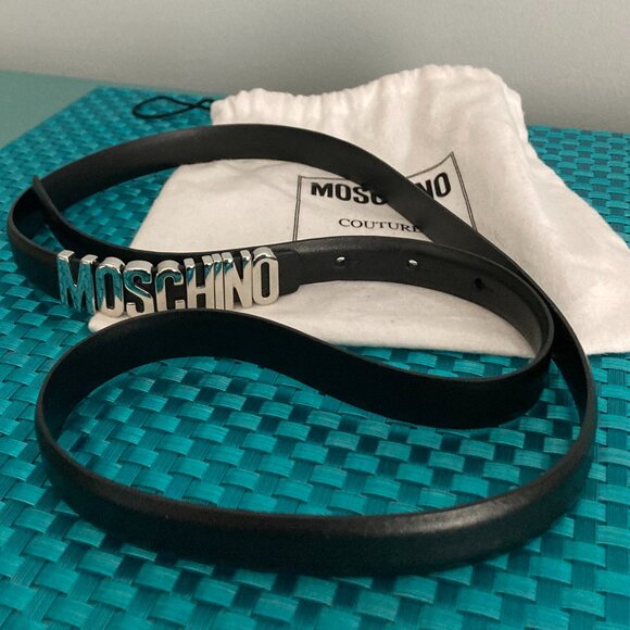Moschino Black Leather Belt w/ Silver-Tone Logo Buckle Women Sz 46 Made in Italy main image 6